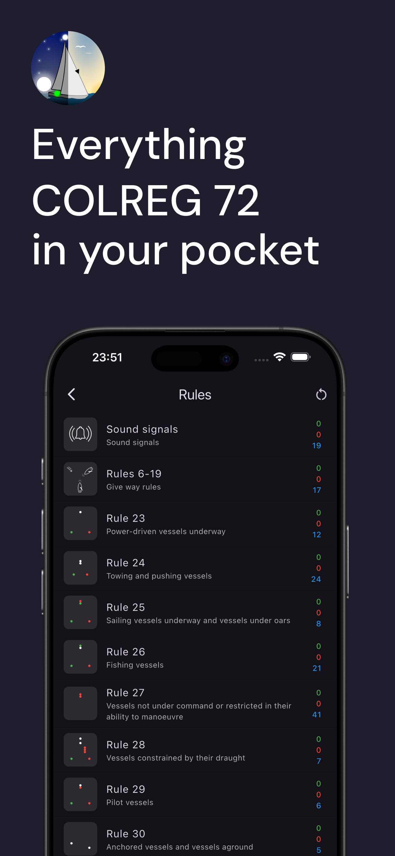 COLREG 72 app practice screen